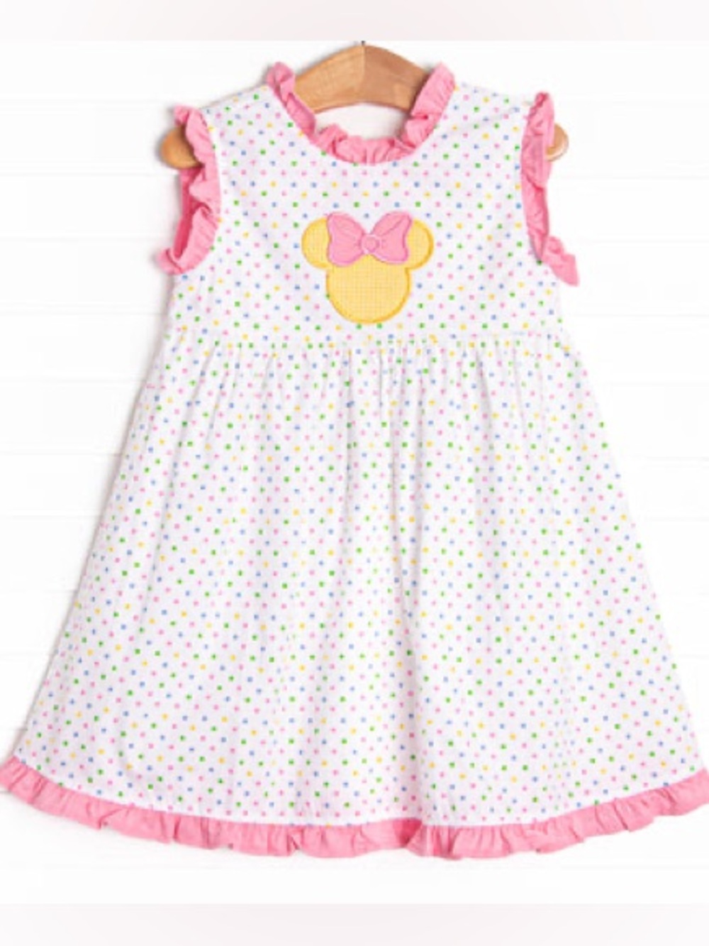 Stitchy Fish Polka Dot Minnie Mouse Park Day Applique Dress, Pink size 5